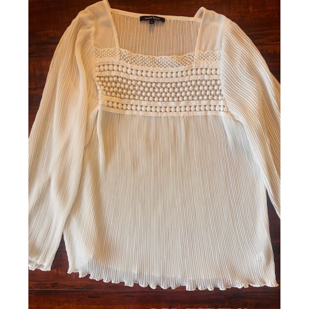 Nanette Lepore Pleated Crochet Yoke Glam Sheer Lettuce Edges Upscaled Blouse M